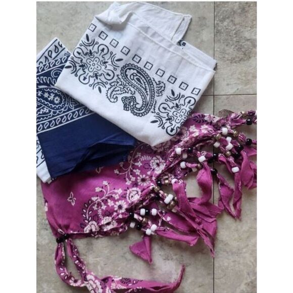 No Brand Accessories - Set of Paisley Bandanas with Beaded scarf w Tassel Accent - White, Navy, Fuchsia